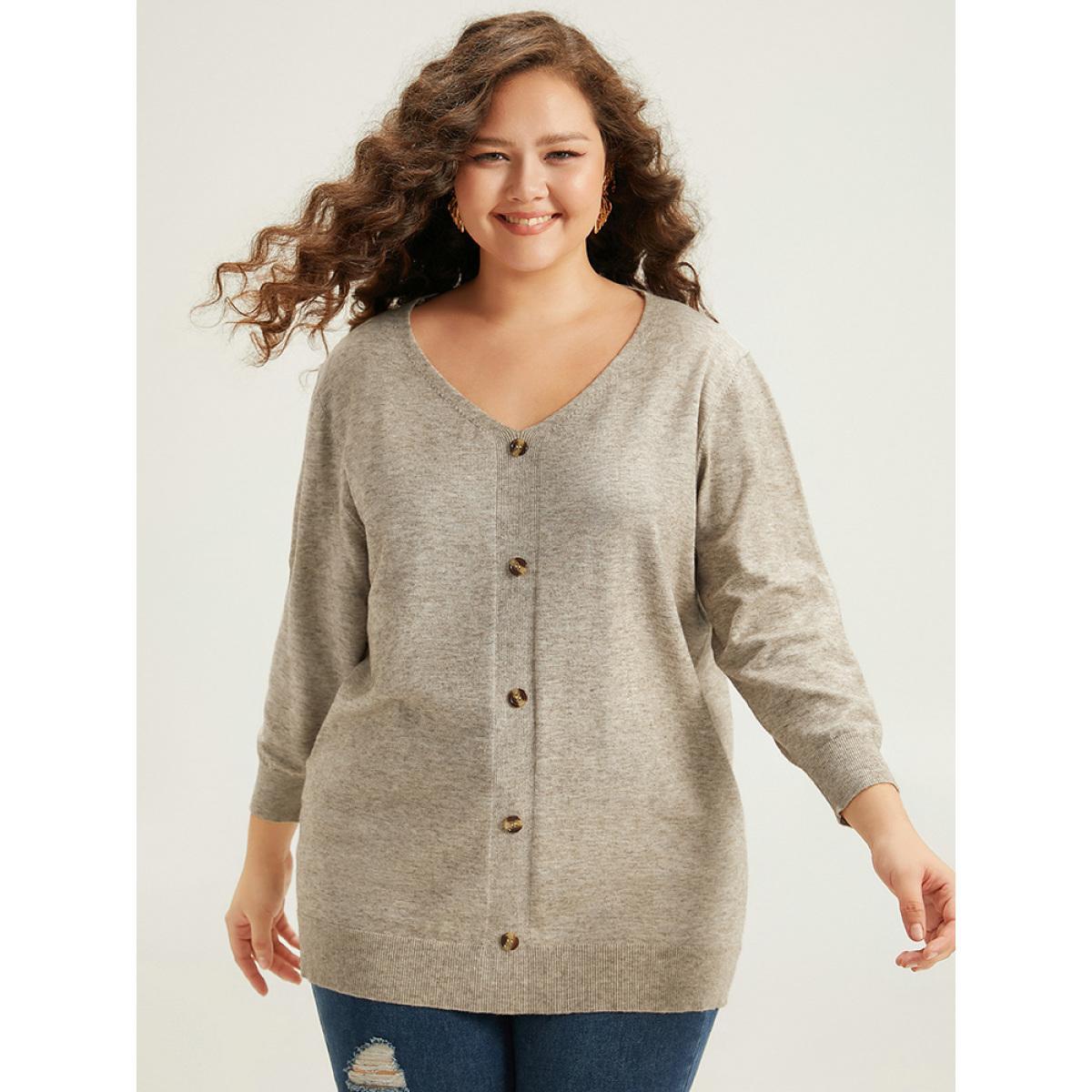 Plus Size Supersoft Essentials Button Detail Solid V Neck Cardigan Champagne Women Casual Elbow-length sleeve Dailywear Cardigans BloomChic 18-20/2X Product Image