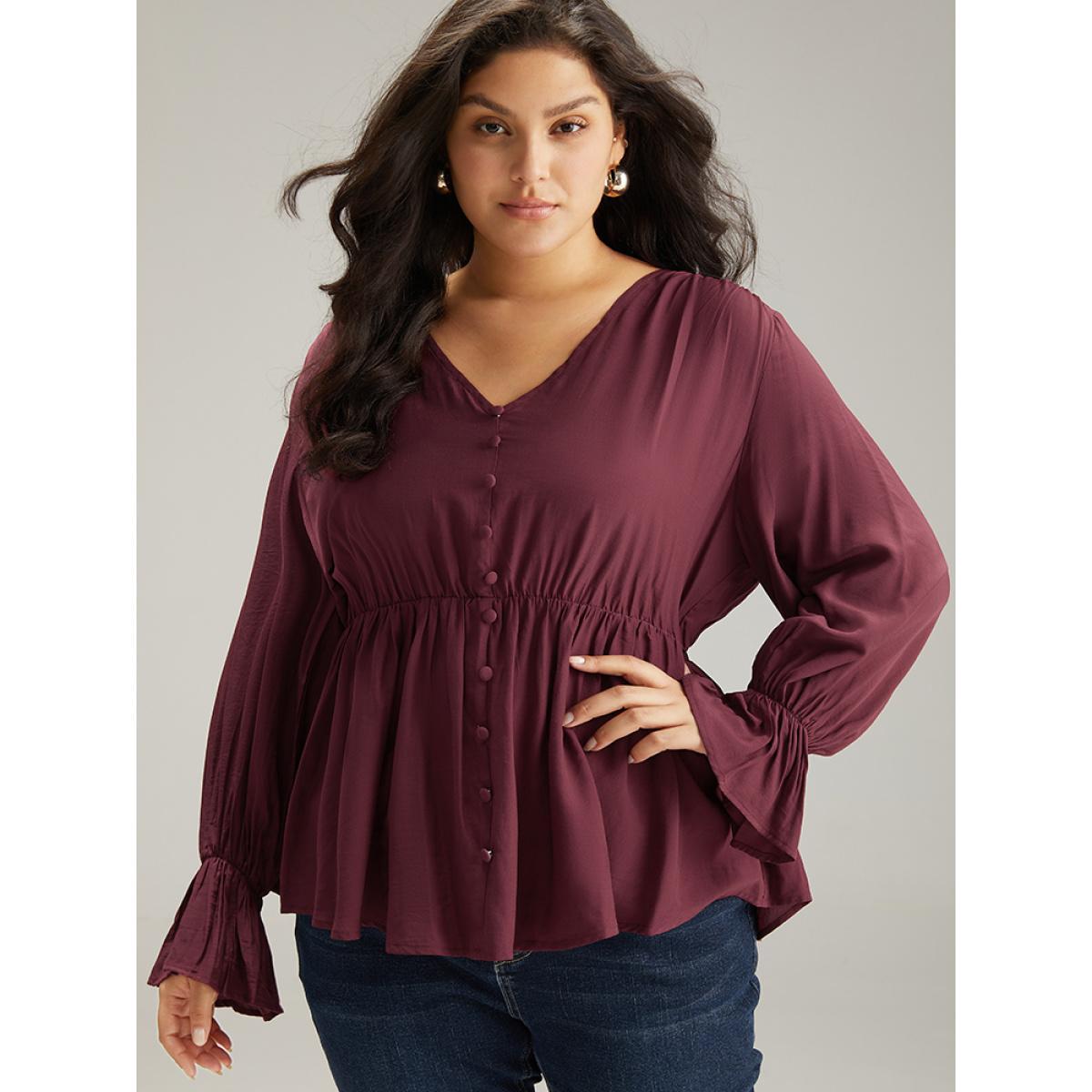 Plus Size Burgundy Button Detail Ruffle Trim Blouse Women Elegant Long Sleeve V-neck Dailywear Blouses BloomChic 22-24/3X Product Image
