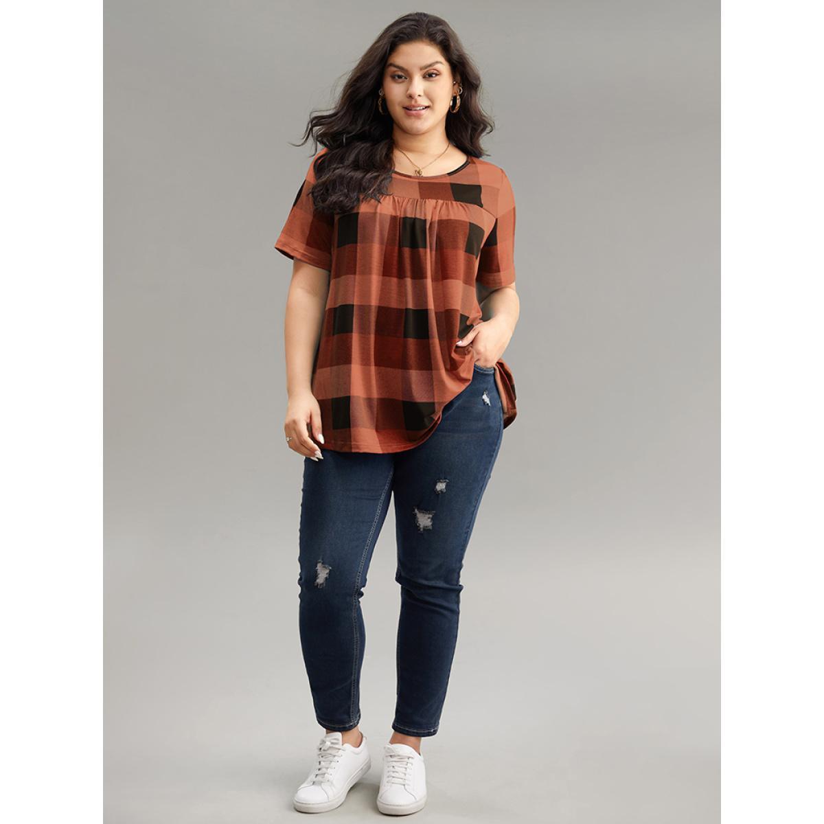Plus Size Plaid Round Neck Gathered T-shirt Red Women Casual Gathered Plaid Round Neck Everyday T-shirts BloomChic 14-16/1X Product Image