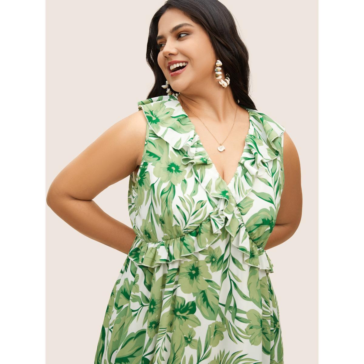 Plus Size Tropical Leafy Print Wide Collar Ruffles Dress Green Women Resort Ruffles V-neck Sleeveless Curvy BloomChic 28/5X Product Image