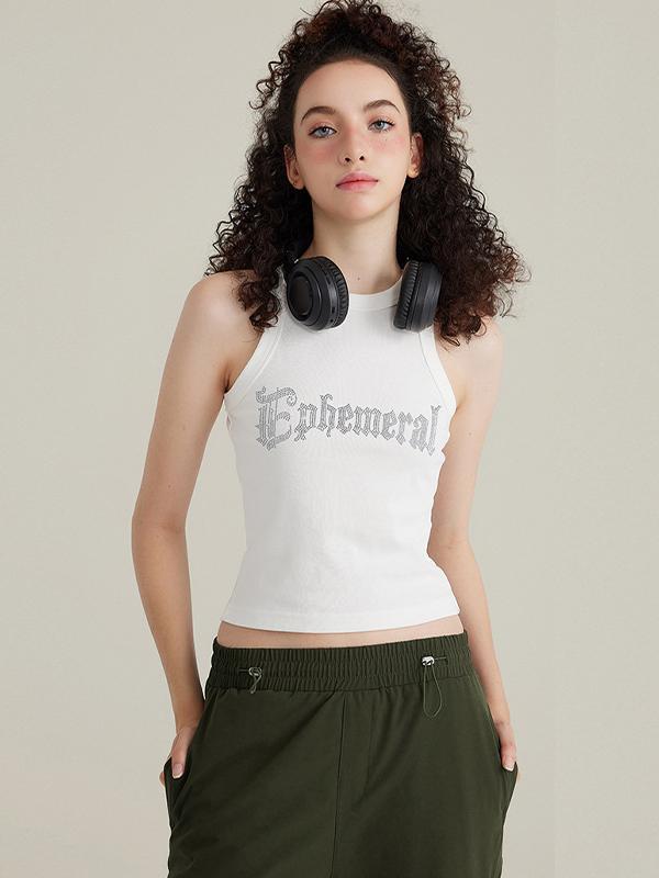Washed Hot Diamond Printed White Tank Top Product Image