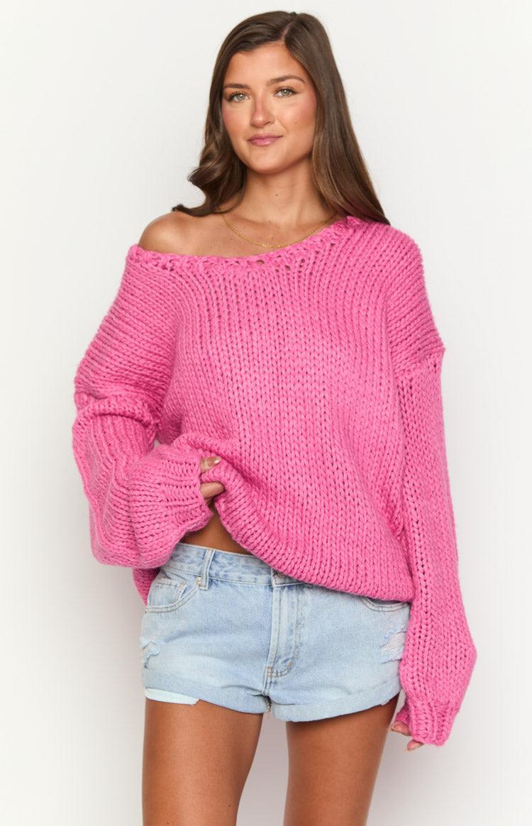 Delvey Hot Pink Chunky Knit Sweater Product Image