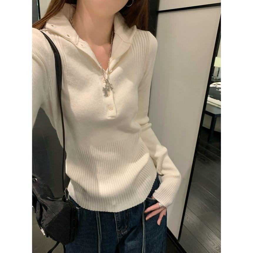 Long Sleeve Plain Ribbed Knit Polo Top Product Image