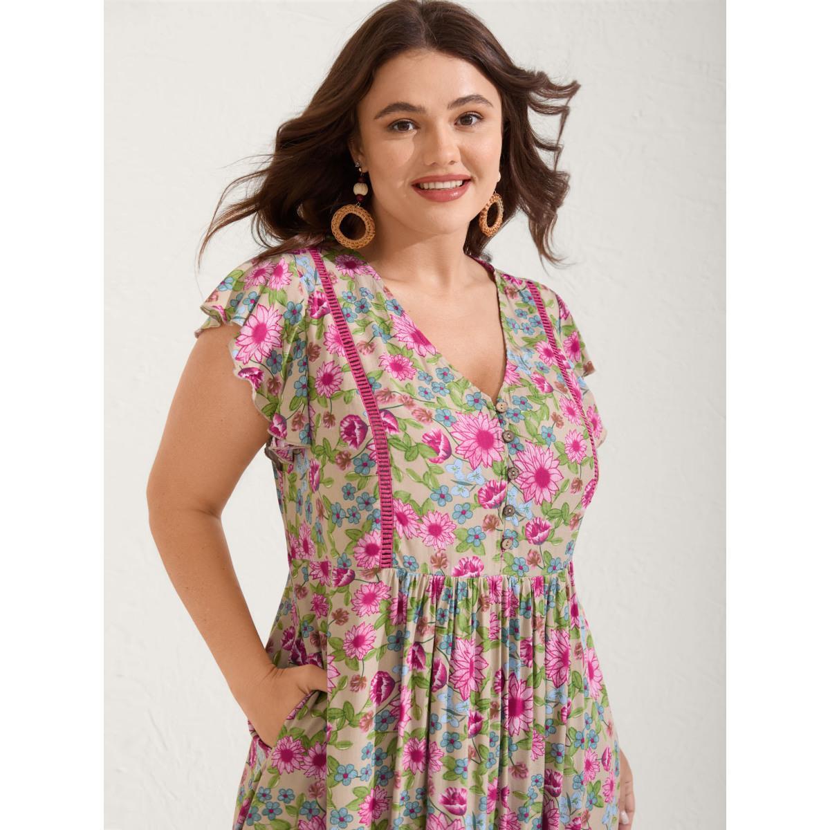 Plus Size Sweet Floral Lace Trim Tiered Maxi Dress Multicolor Women V-neck Cap Sleeve Curvy BloomChic 22-24/3X Product Image