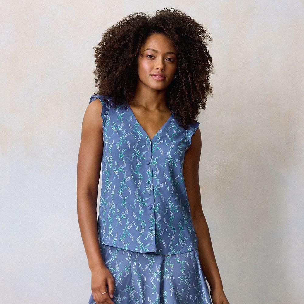 Women's LC Lauren Conrad Ruffle Shoulder V-Neck Tank, Size: XL, Blue Willa Wisteria Product Image