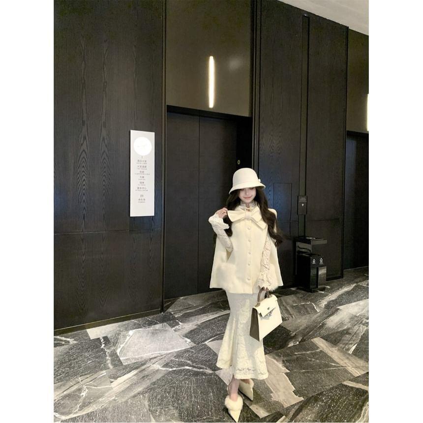 Plain Single-Breasted Coat / Flared-Sleeve Floral Lace Maxi Mermaid Dress Product Image