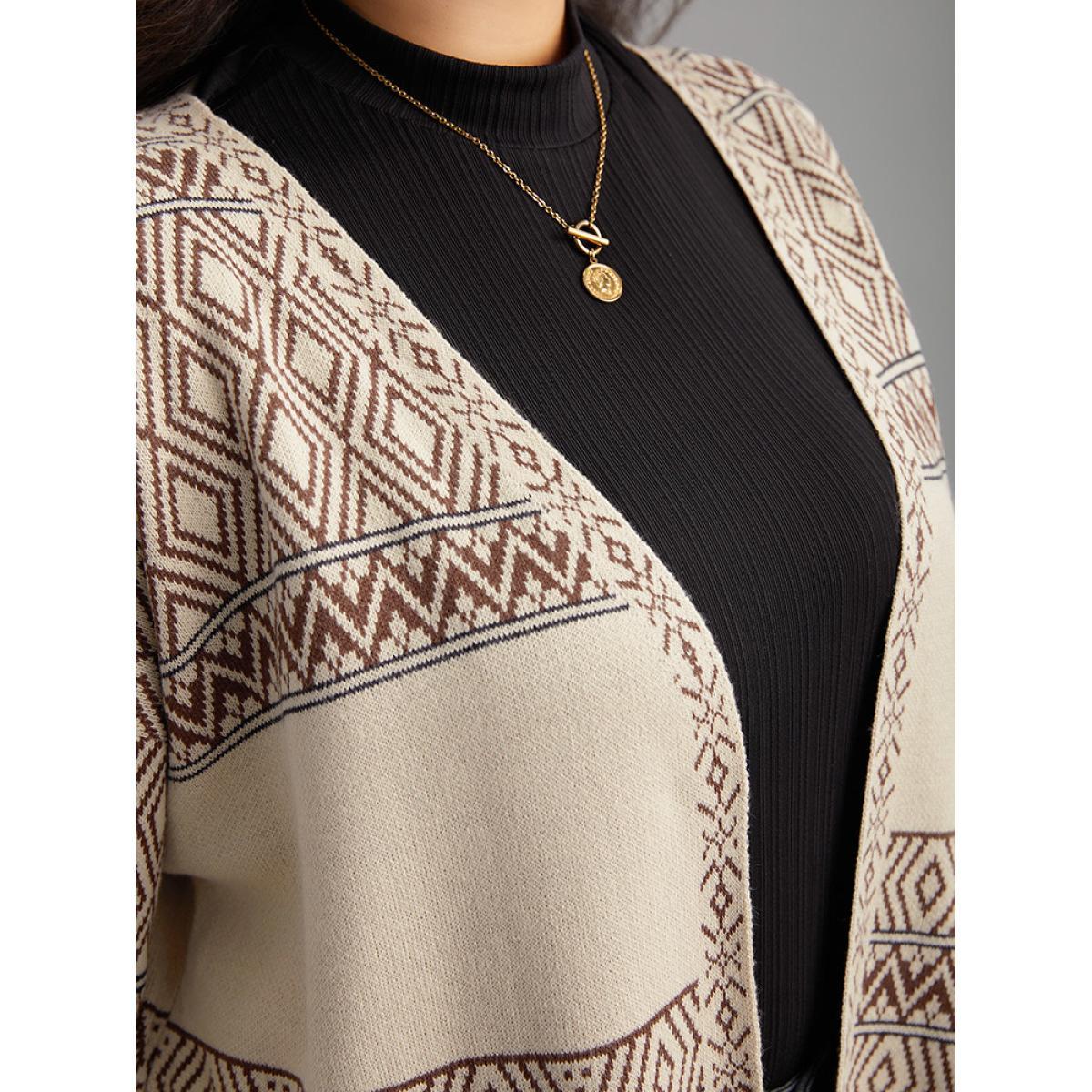 Plus Size Geometric Open Front Cardigan Champagne Women Casual Loose Long Sleeve Dailywear Cardigans BloomChic 12/L Product Image