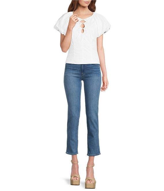 ASTR the Label Aine Poplin Crew Neck Bubble Sleeves Tie Bow Top Product Image