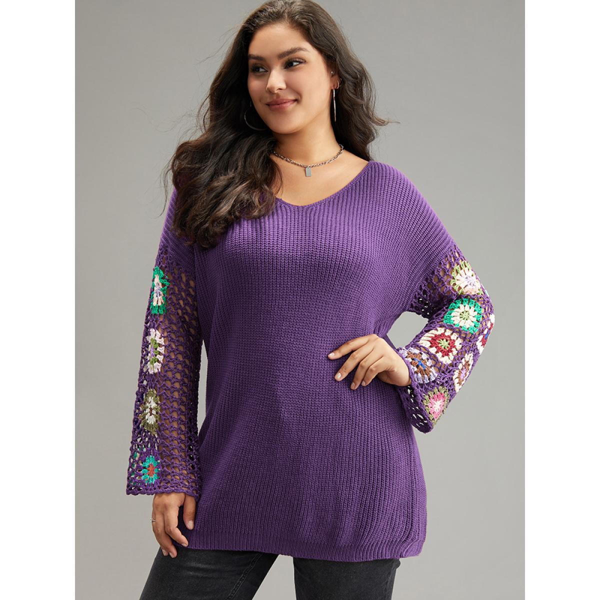 Plus Size Floral Embroidered Hollow Out Pullover Purple Women Casual Long Sleeve V-neck Everyday Pullovers BloomChic 12/L Product Image