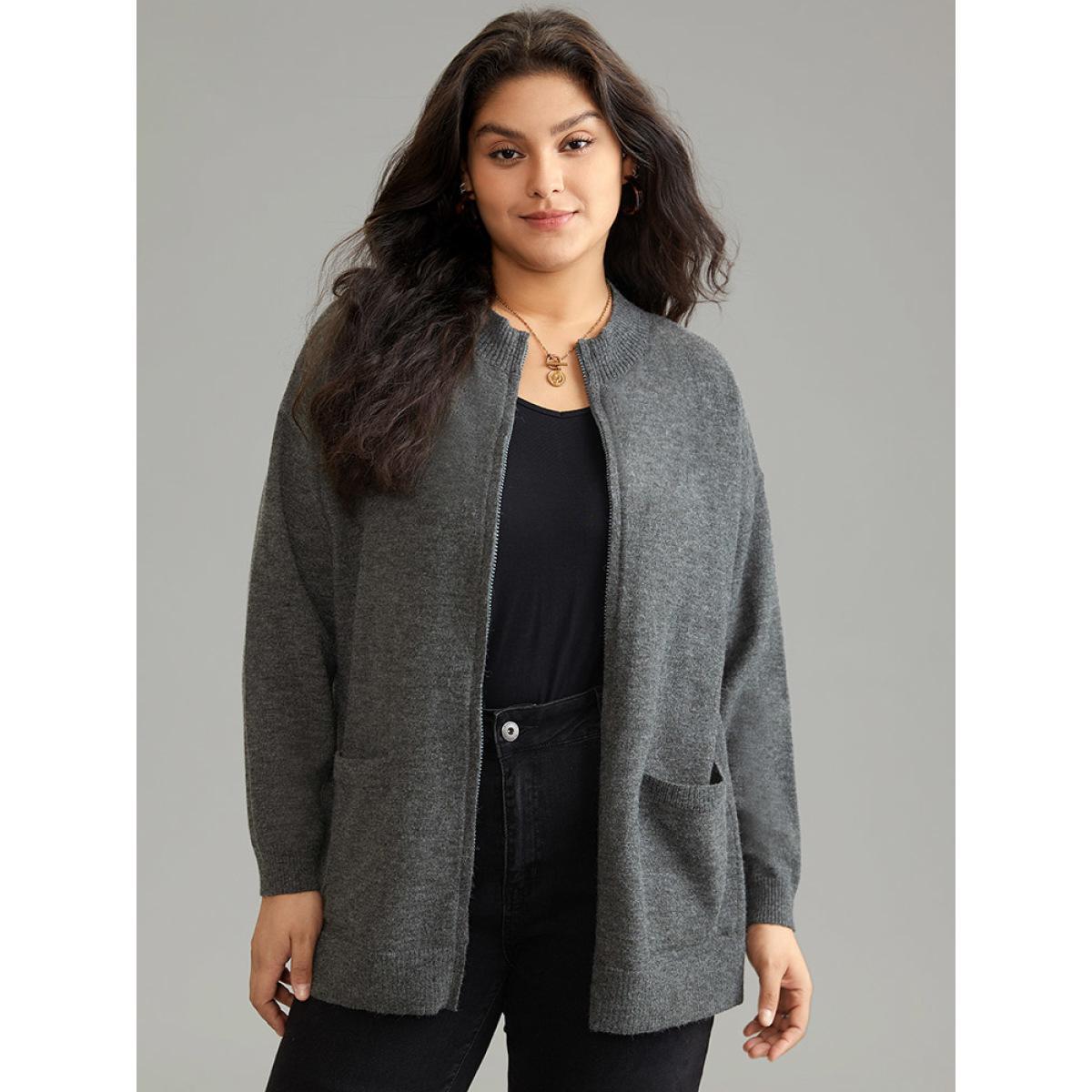 Plus Size Anti-Pilling Zipper Fly Patched Pocket Cardigan DimGray Women Casual Loose Long Sleeve Dailywear Cardigans BloomChic 22-24/3X Product Image