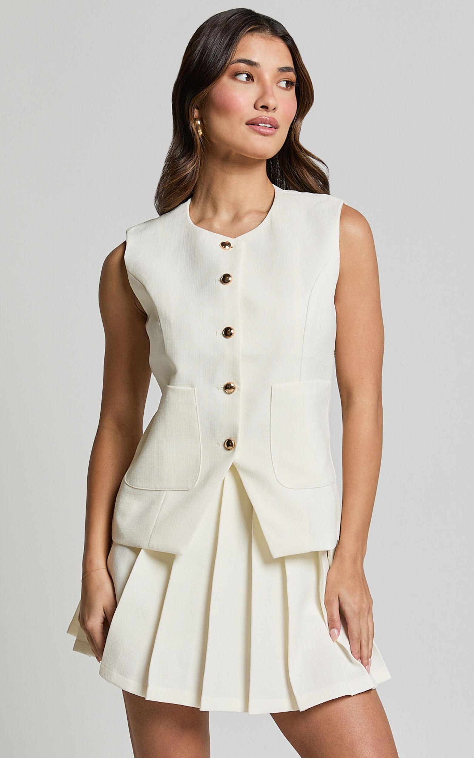 Tyla Top - Scoop Neck Pocket Hardware Detail Button Up Vest in White Product Image