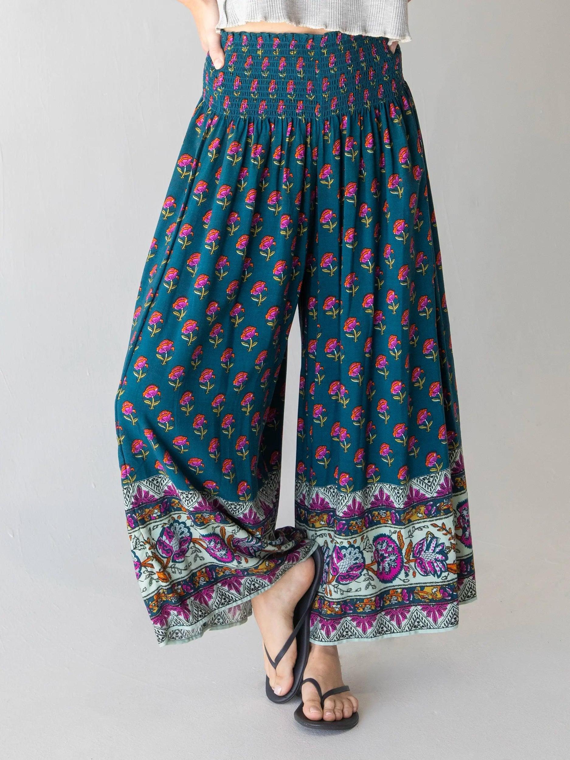 Make A Move Wide-Leg Palazzo Pant - Navy Pink Roses Border Product Image