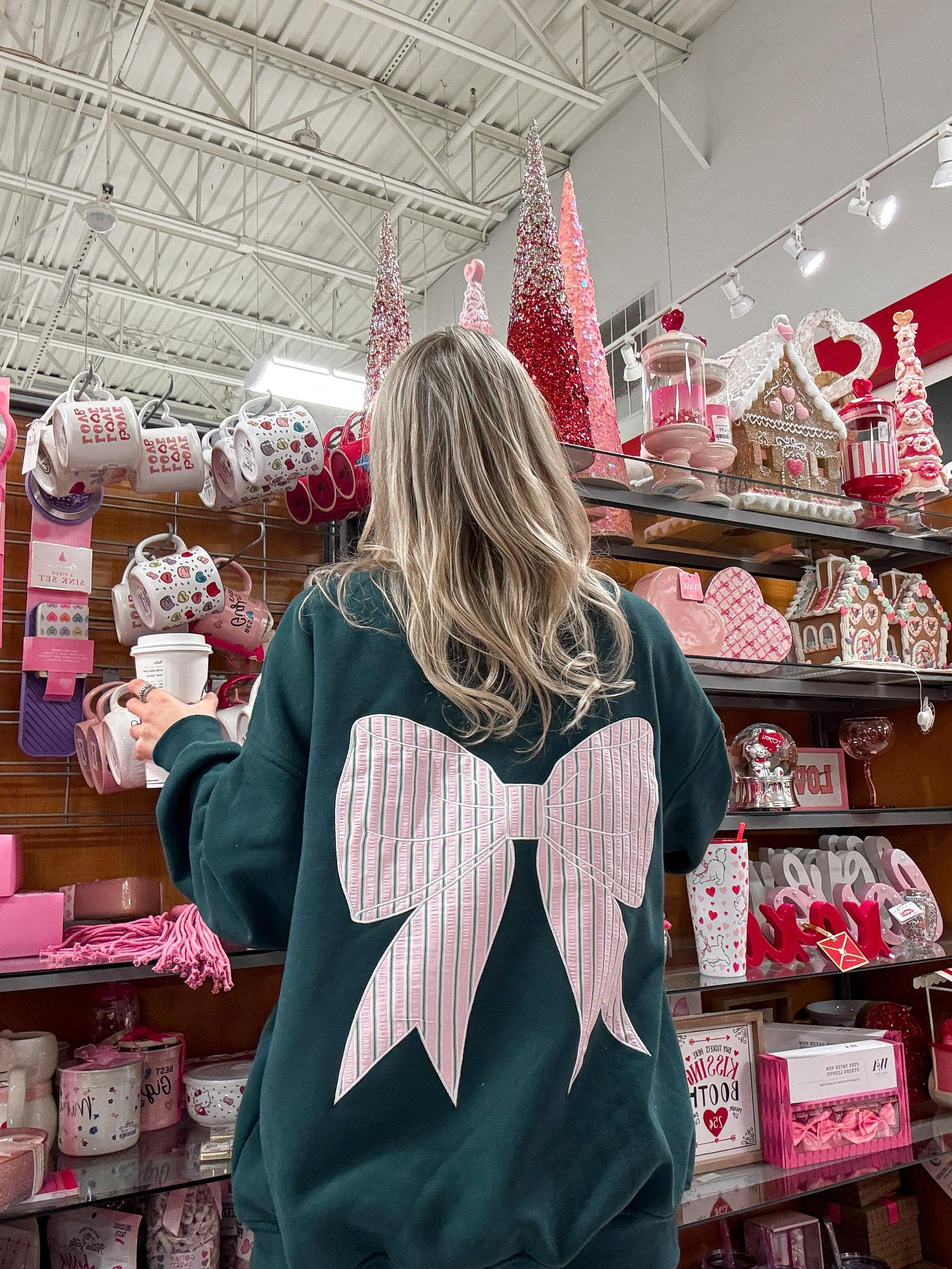 Winter Green Stripe Bow Embroider Sweatshirt Product Image