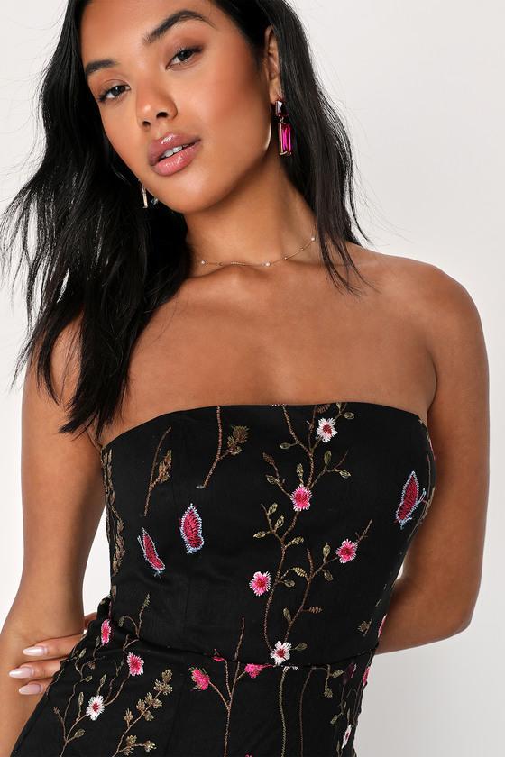 Bold Botanicals Black Floral Embroidered Strapless Midi Dress Product Image