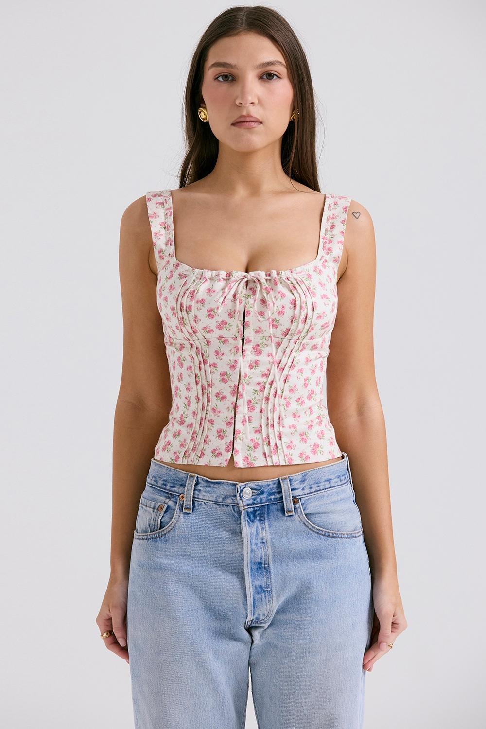 Chicca White Rosebud Print Top Product Image