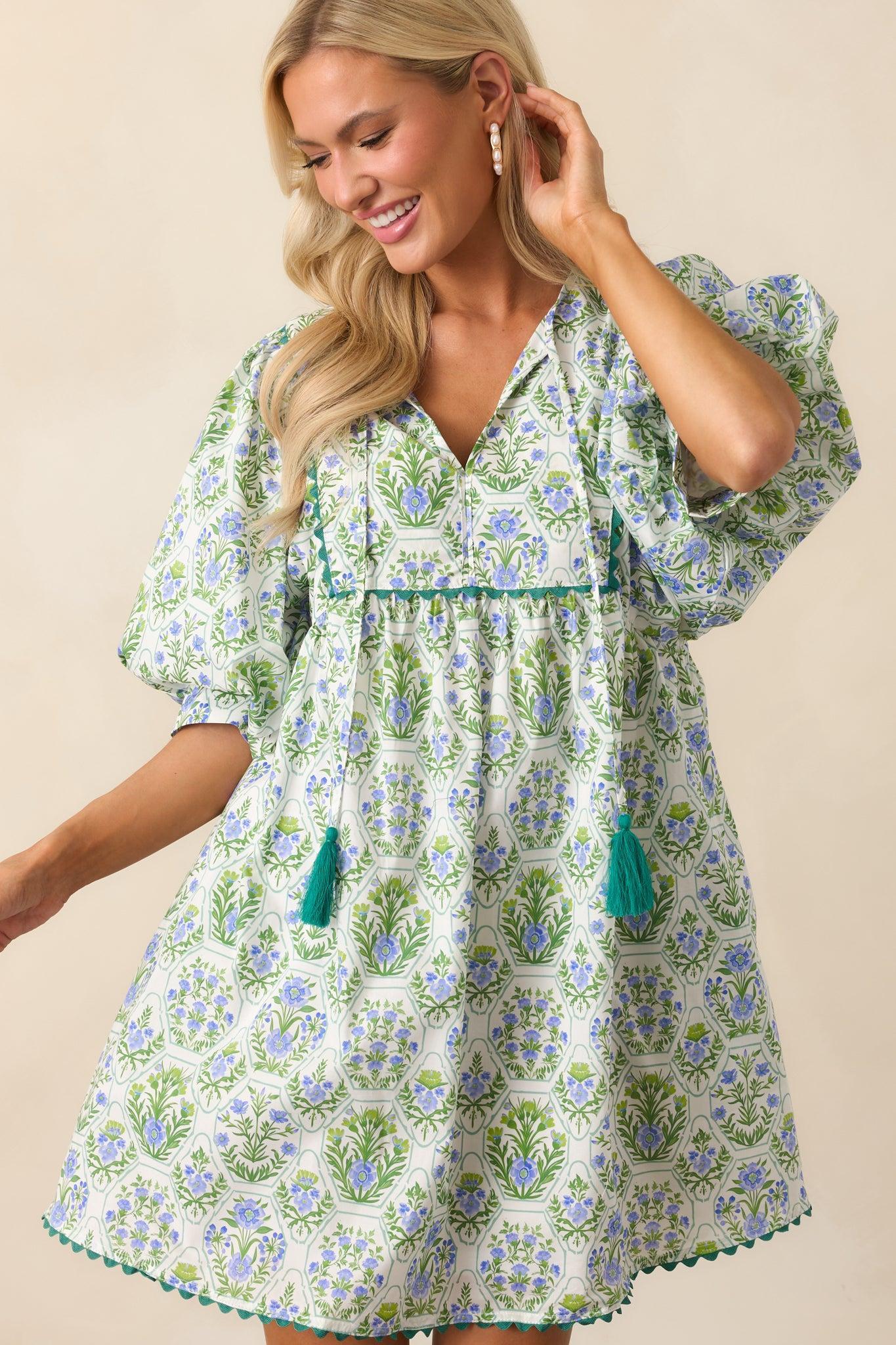 A Little Something Green Geometric Floral Cotton Mini Dress Product Image