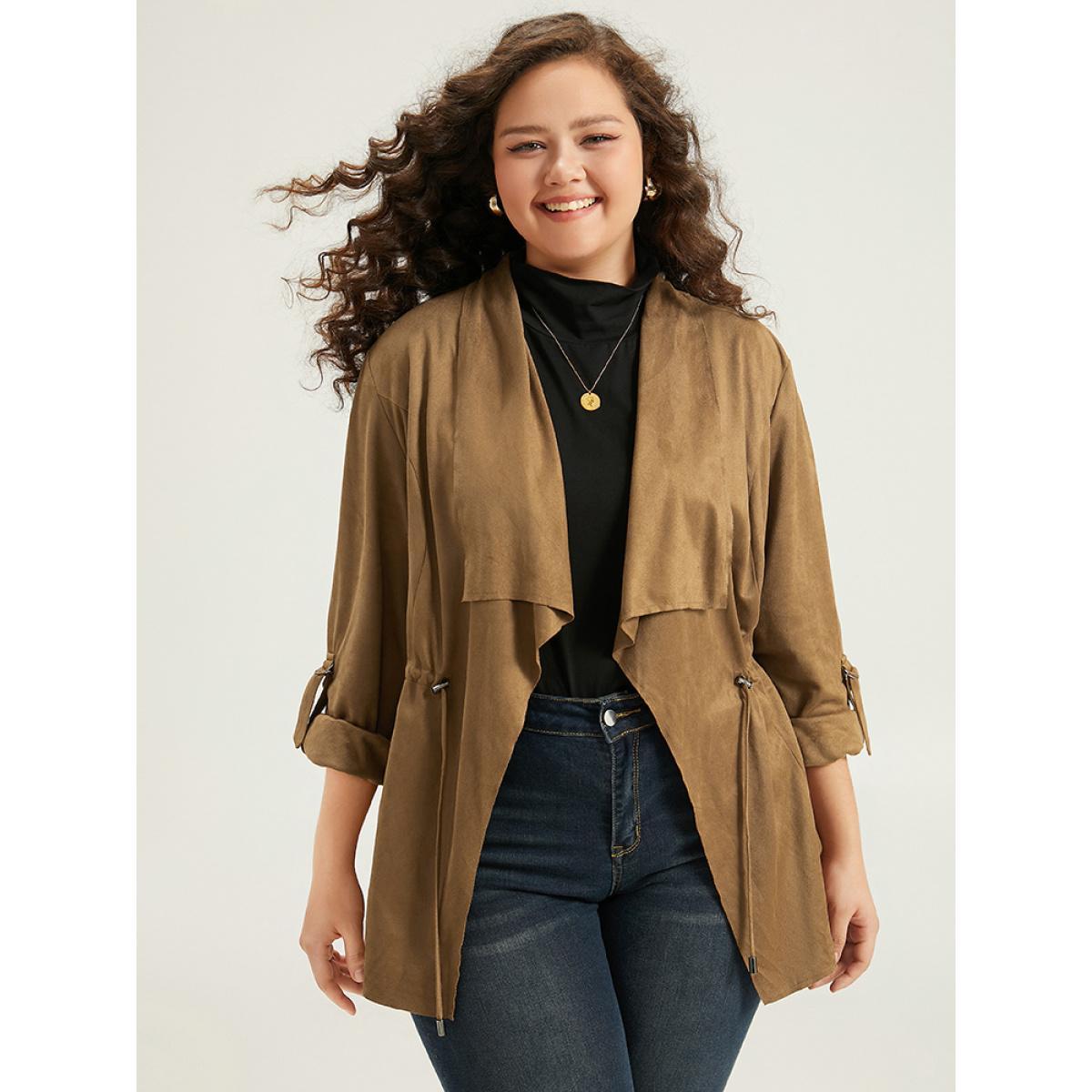Plus Size Asymmetrical Neck Drawstring Tab Sleeve Coat Women Tan Casual Drawstring Ladies Everyday Winter Coats BloomChic 30/6X Product Image