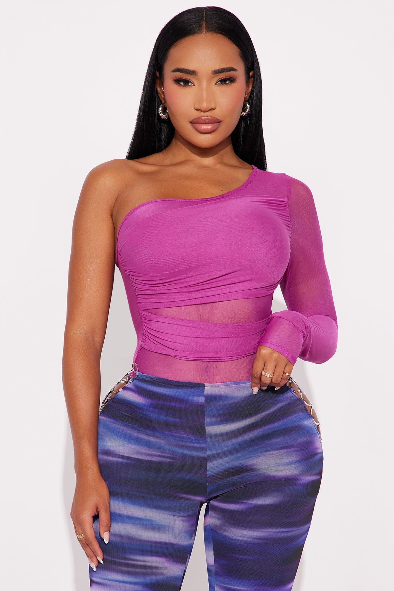 Naiara One Shoulder Mesh Bodysuit - Plum Product Image
