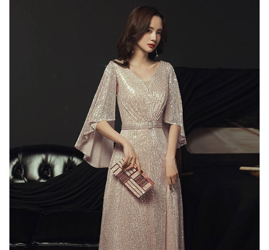 Elbow-Sleeve V-Neck Sequined Belted A-Line Evening Gown Product Image