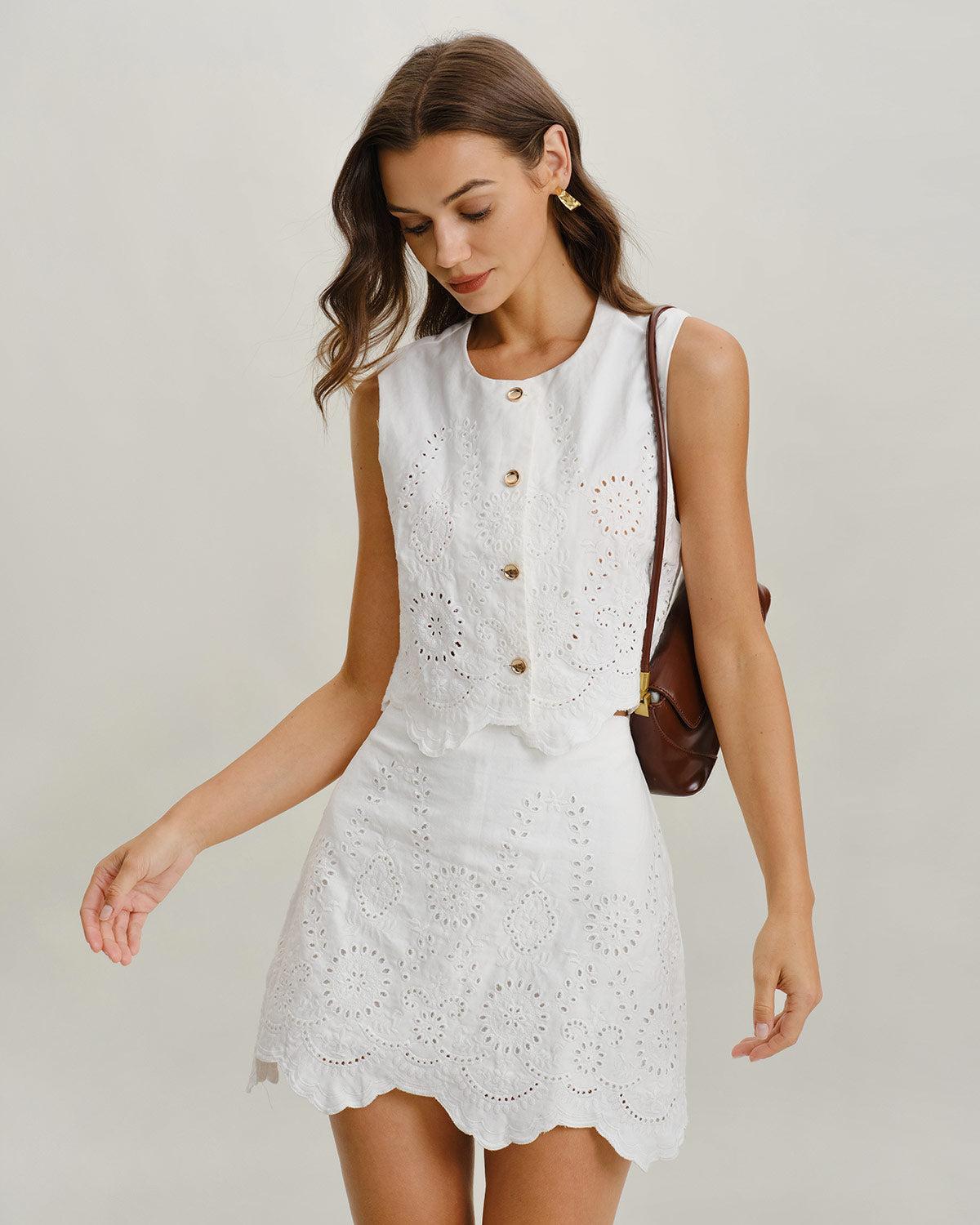 White Jacquard Single Breasted Vests Product Image