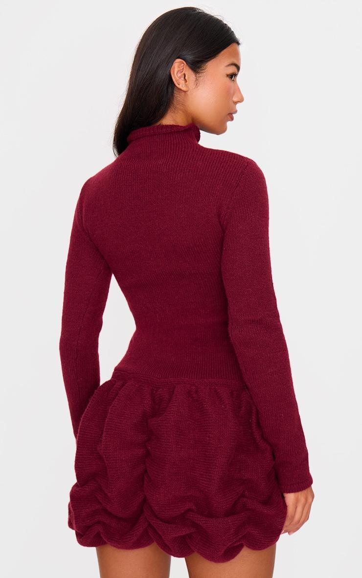 Burgundy High Neck Knitted Puffball Mini Dress Product Image