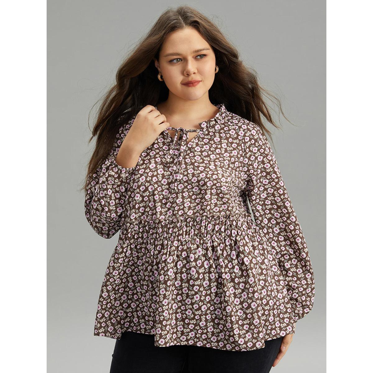 Plus Size DarkBrown Ditsy Floral Knot Neck Gathered Blouse Women Elegant Long Sleeve Tie Neck Dailywear Blouses BloomChic 12/L Product Image
