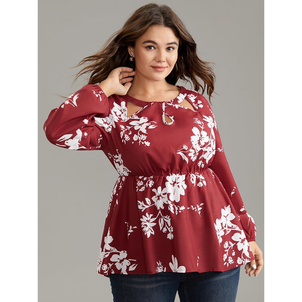 Plus Size Scarlet Silhouette Floral Print Elastic Waist Cut Out Blouse Women Elegant Long Sleeve Round Neck Dailywear Blouses BloomChic 30/6X Product Image