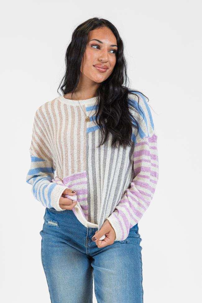 He Loves Me Taupe Multi Stripe Lightweight Sweater Product Image