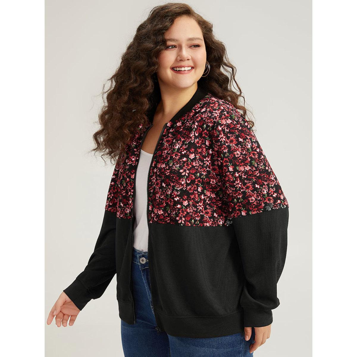 Plus Size Ditsy Floral Patchwork Zipper Elastic Cuffs Jacket Women Black Elastic cuffs Dailywear Jackets BloomChic 12/L Product Image