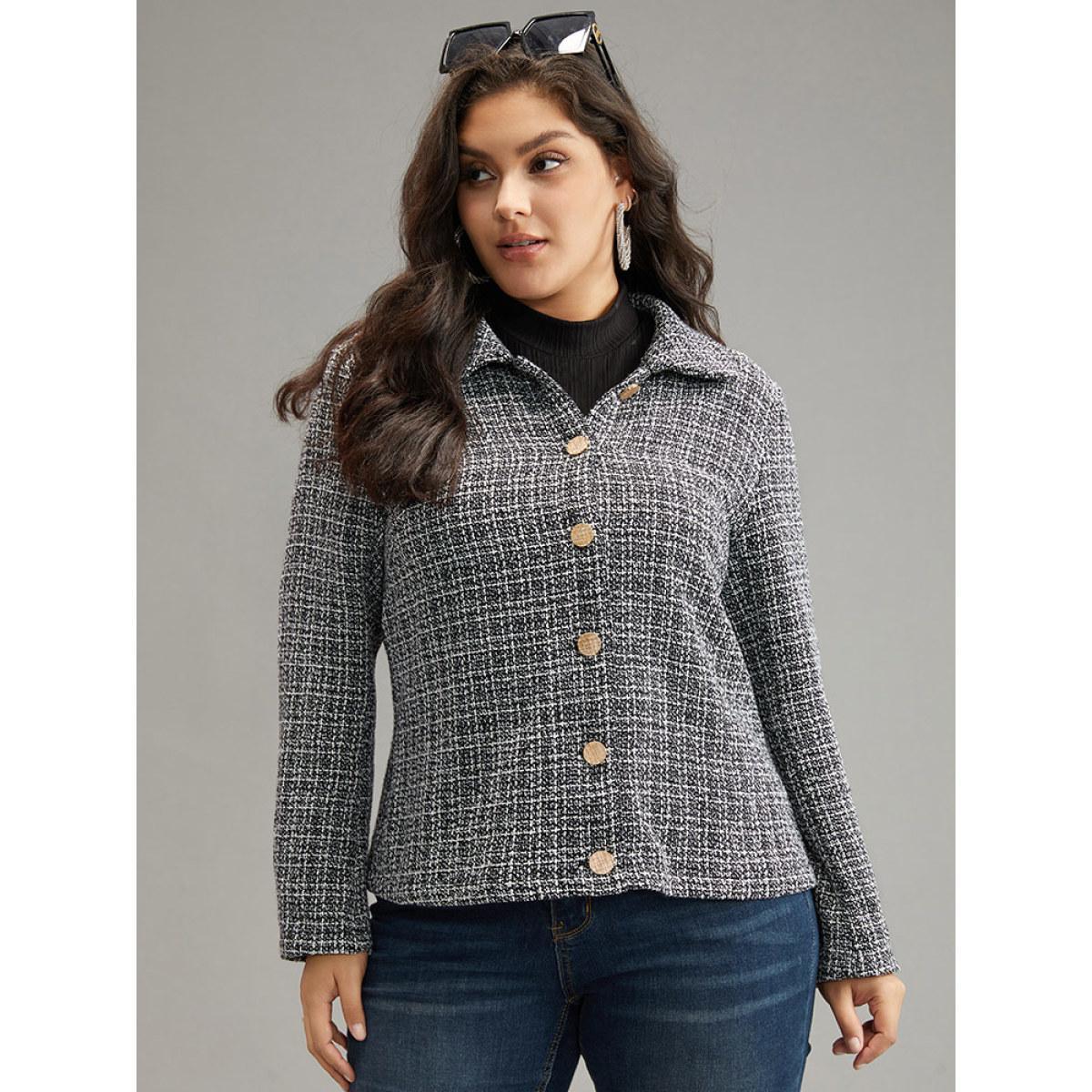 Plus Size Gingham Texture Lapel Collar Metal Detail Jacket Women Black Elegant Texture Ladies Everyday Winter Coats BloomChic 30/6X Product Image