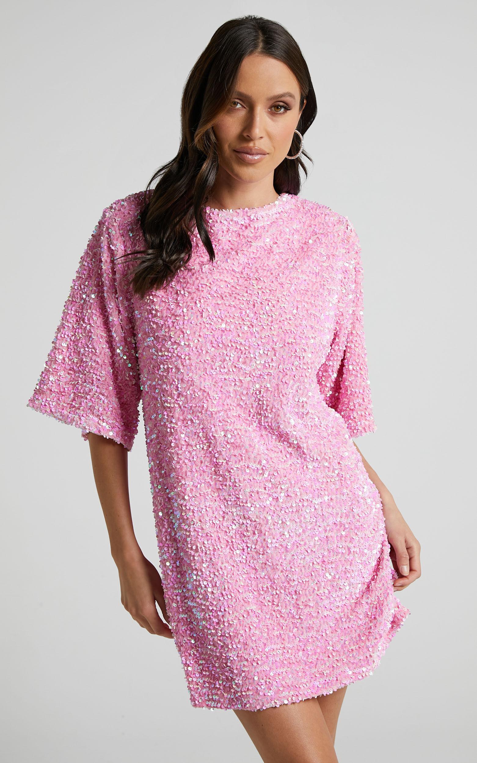 Valetta Mini Dress - Sequin low back shift dress in Pink Sequin Product Image