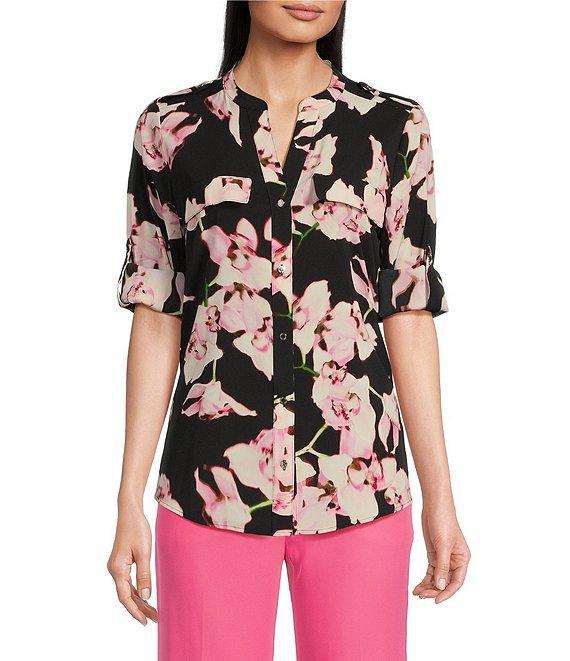 Calvin Klein Crew Neck Long Sleeve Stretch Woven Print Blouse Product Image