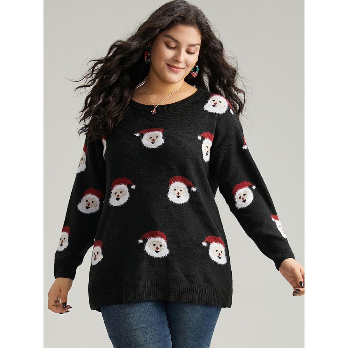 Plus Size Jolly Fellow Motifs Round Neck Pullover Black Women Casual Long Sleeve Round Neck Festival-Christmas Pullovers BloomChic 18-20/2X Product Image