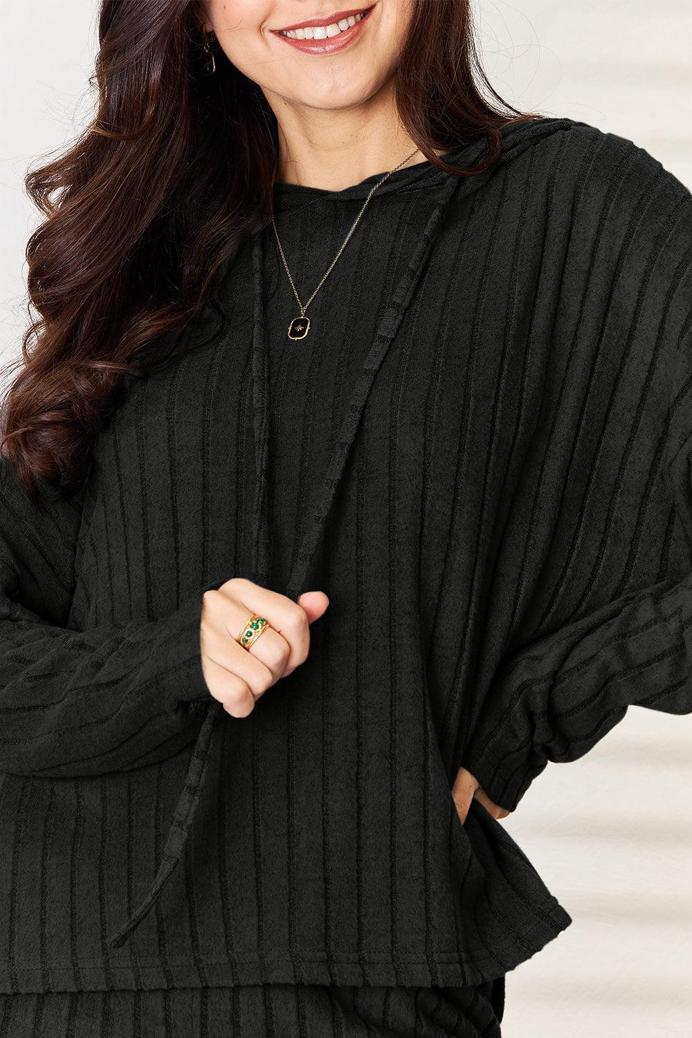 Basic Bae Full Size Ribbed Drawstring Hooded Top and Straight Pants Set Product Image