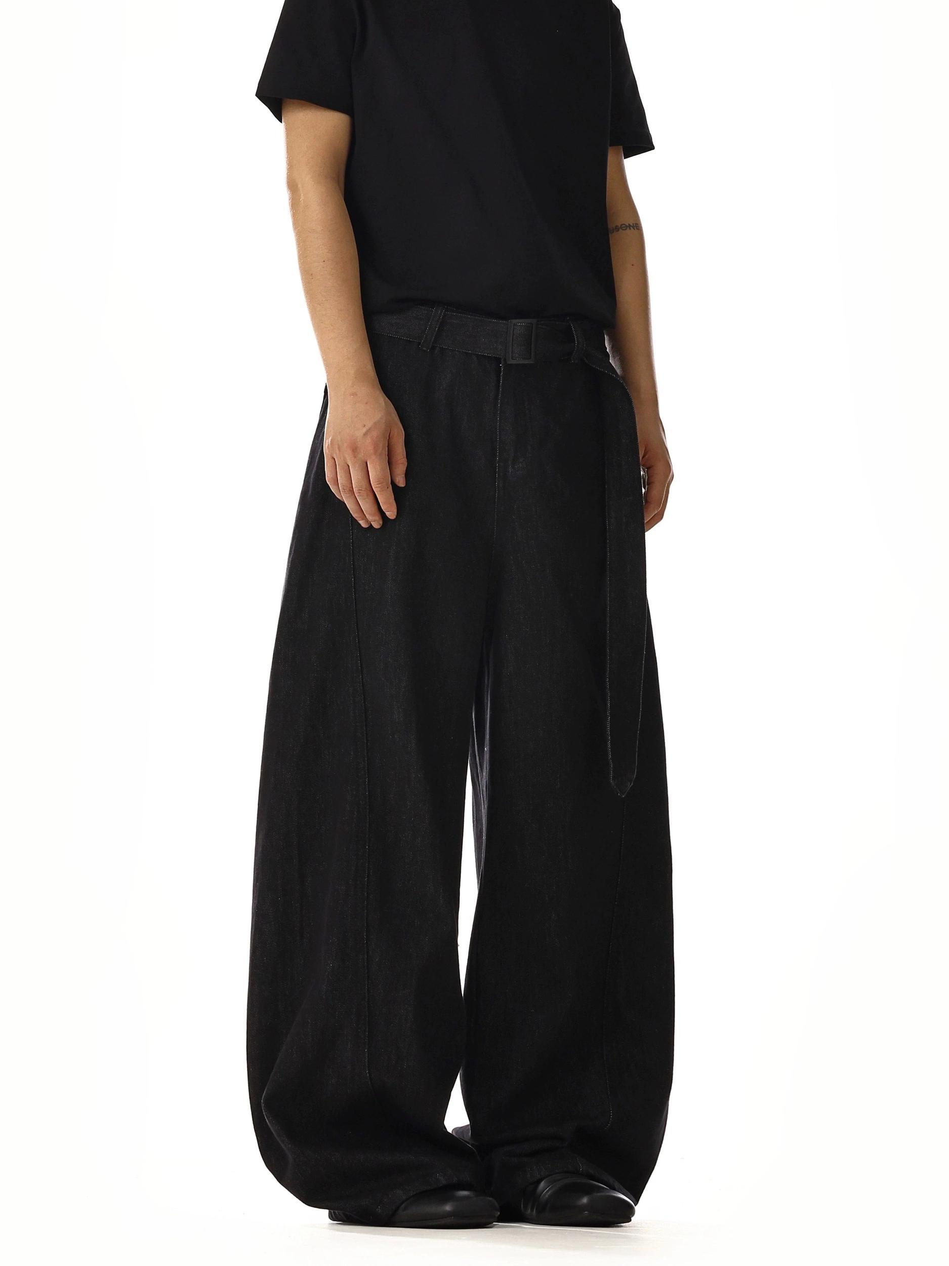 RT No. 18215 BLACK STRAIGHT BELT DENIM JEANS Product Image