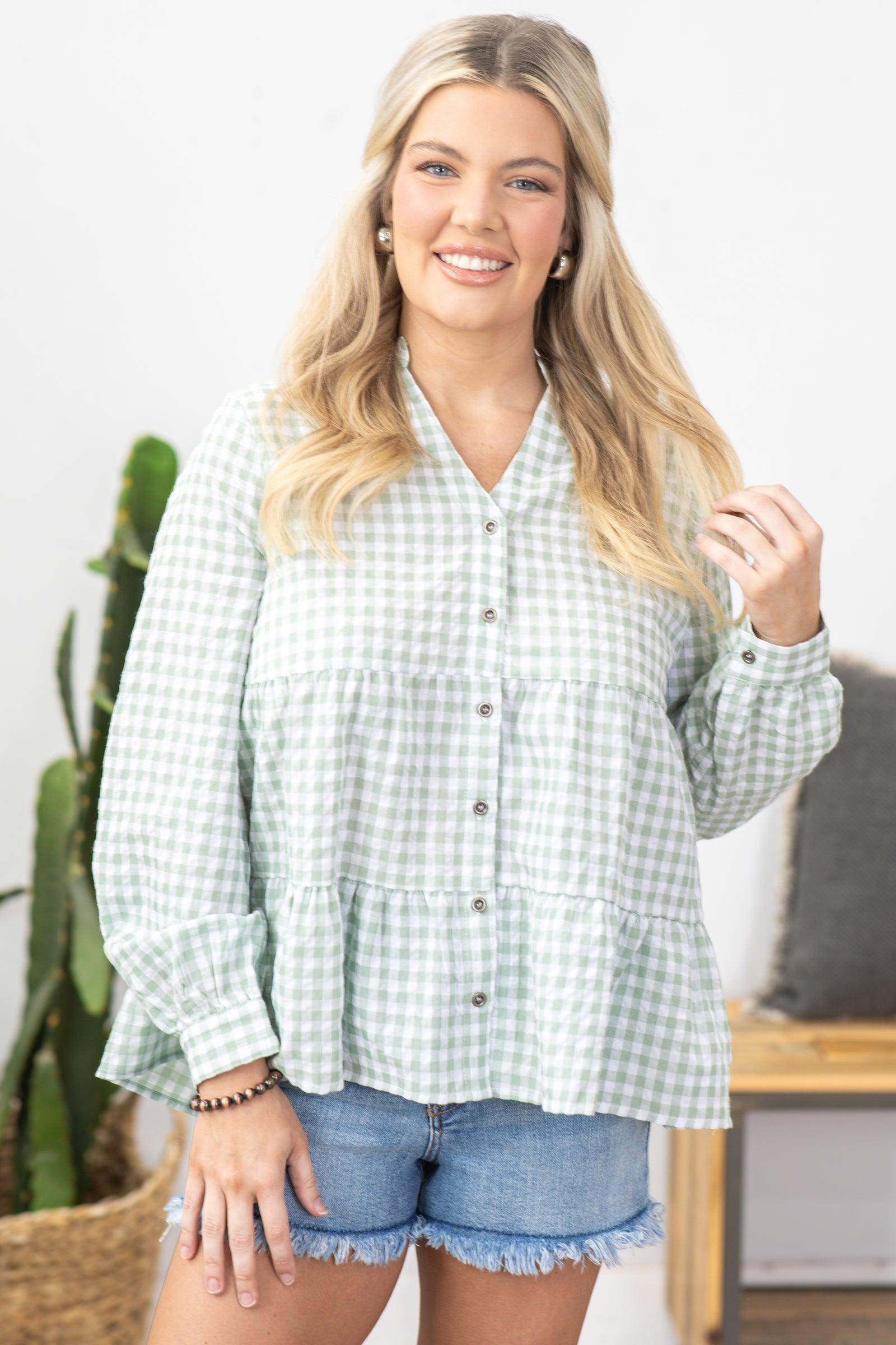Sage Checkered Long Sleeve Button Up Woven Top Product Image