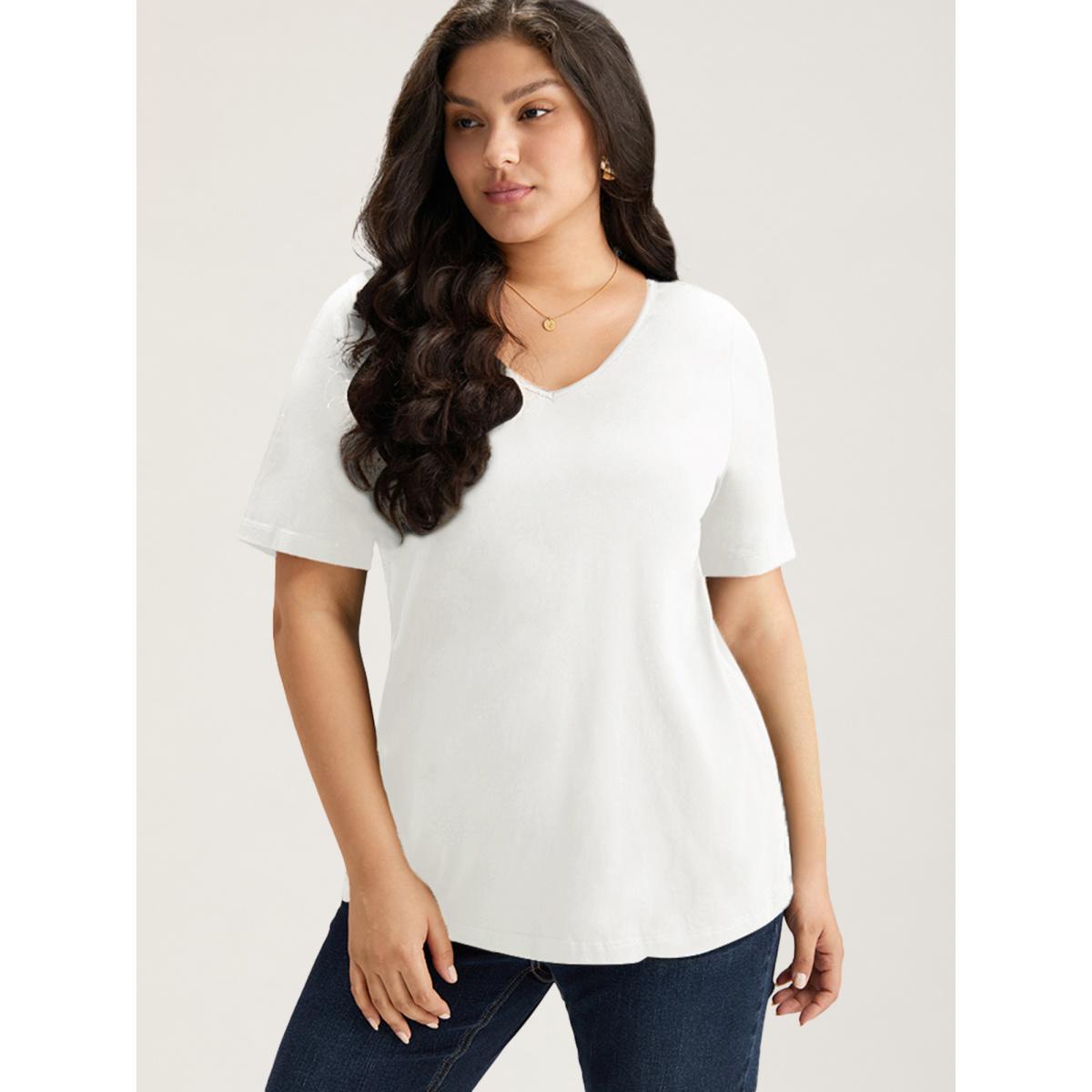 Plus Size Cotton V Neck Plain Basic T-shirt White Women Basics Non Plain V-neck Everyday T-shirts BloomChic 26/4X Product Image