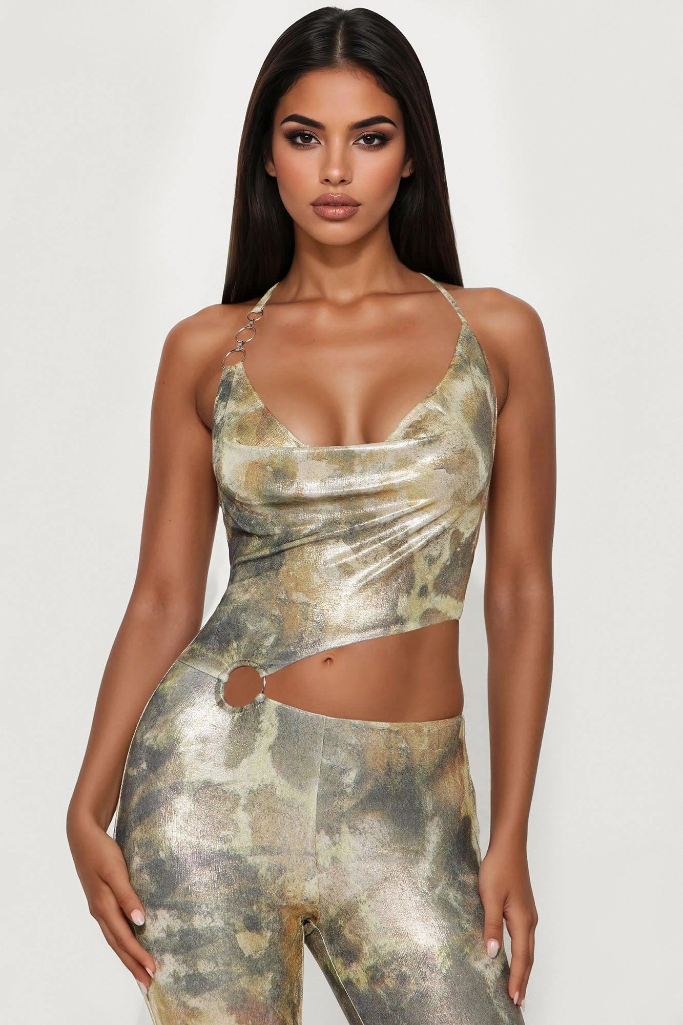 Allison Metallic Halter Jumpsuit - Olive/combo Product Image
