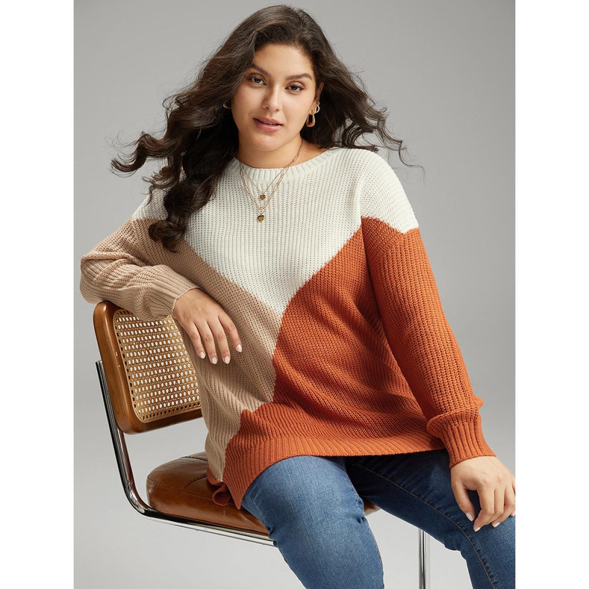 Plus Size Colorblock Split Side Drop Shoulder Pullover Multicolor Women Casual Loose Long Sleeve Round Neck Dailywear Pullovers BloomChic 22-24/3X Product Image