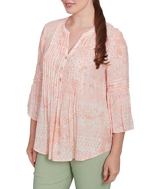 Ruby Rd. Soft Silky Slub Patchwork Band V-Neck 3/4 Bell Sleeve Pleated Flowy Blouse Product Image