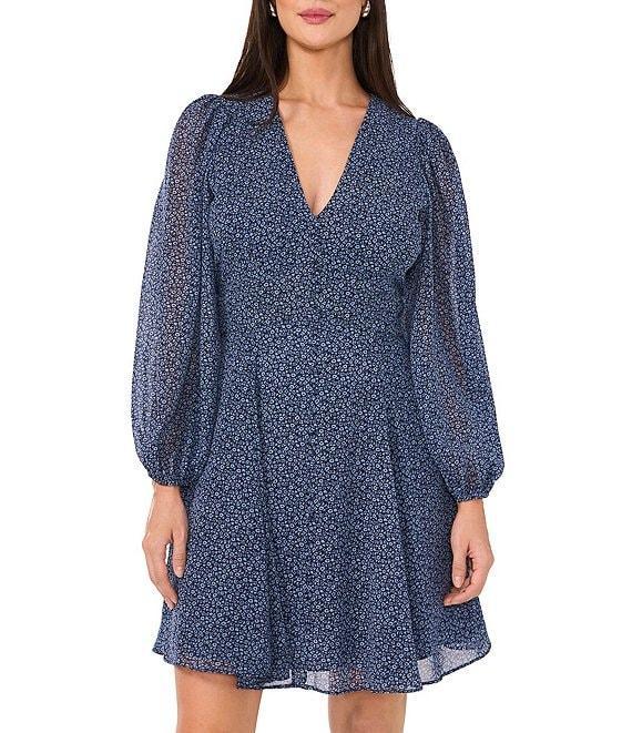 1. STATE Ditsy Floral Print V-Neck Sheer Blouson Long Sleeve Dress Product Image