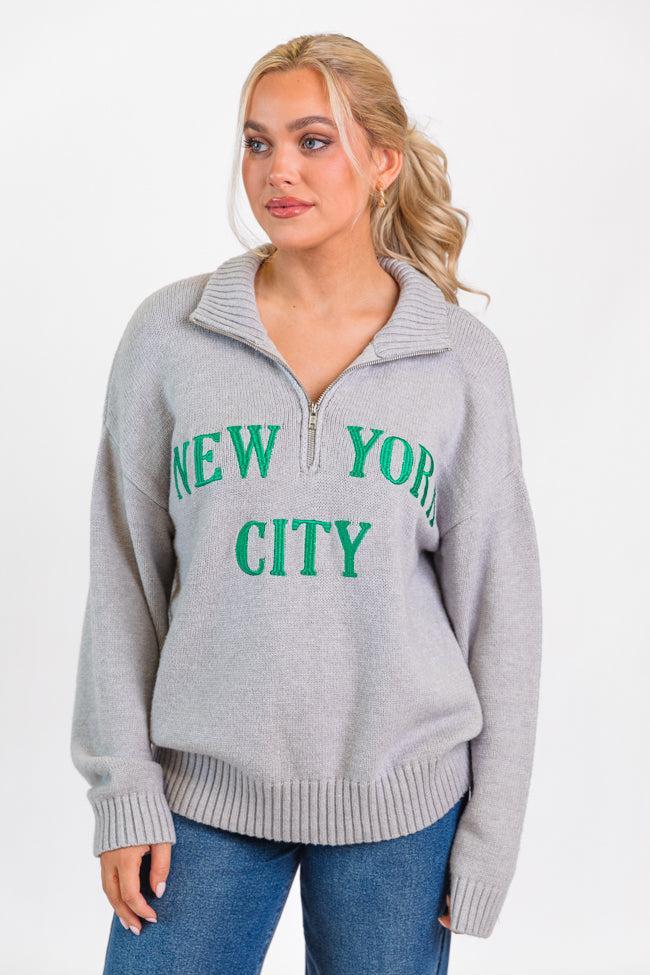Roll With It Grey and Green New York Embroidered Quarter Zip Sweater FINAL SALE Product Image