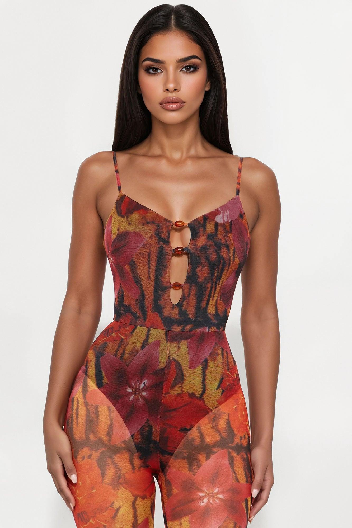 Petal Fantasy Mesh Flare Leg Jumpsuit - Rust/combo Product Image