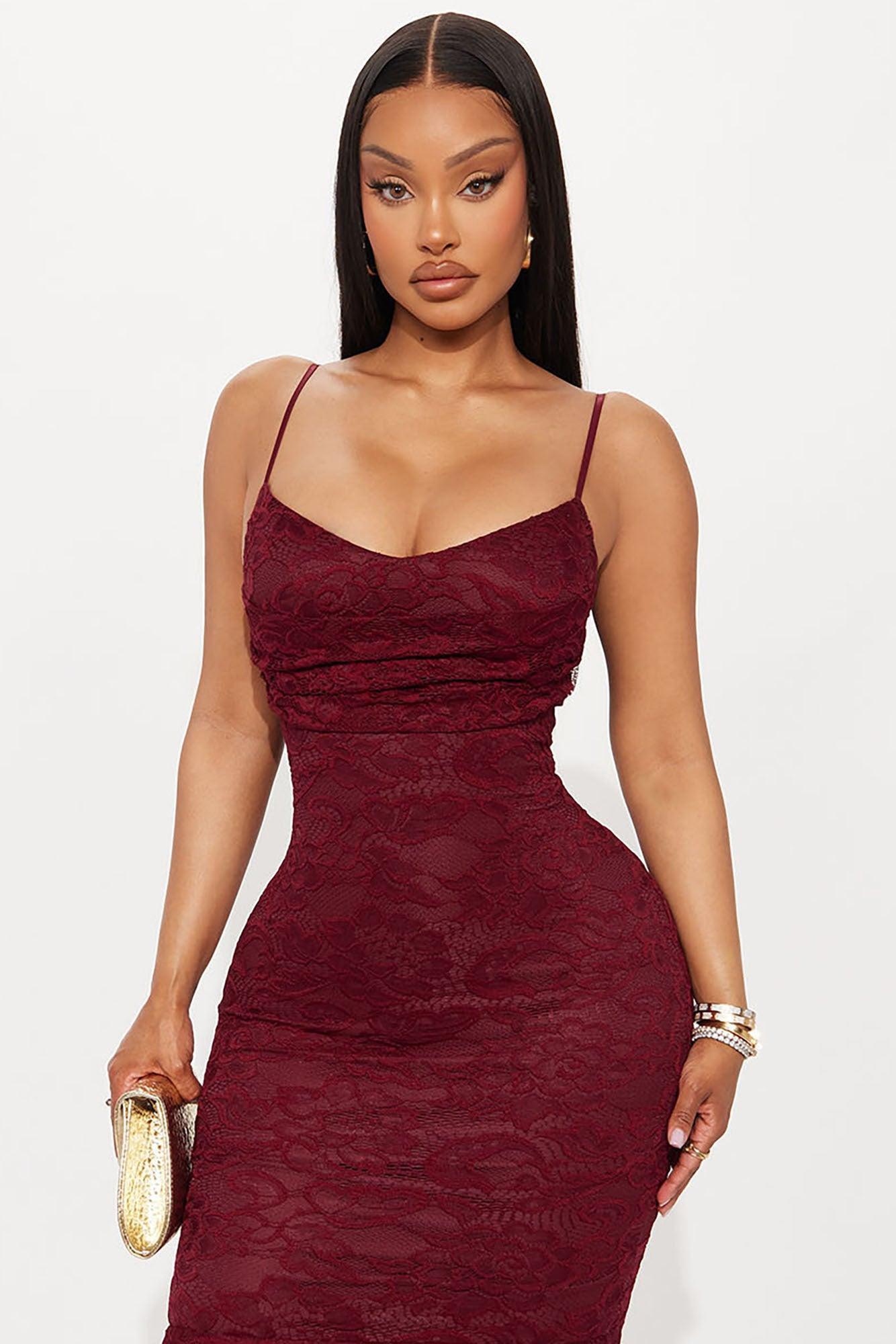 Elegant Lace Maxi Dress - Burgundy Product Image
