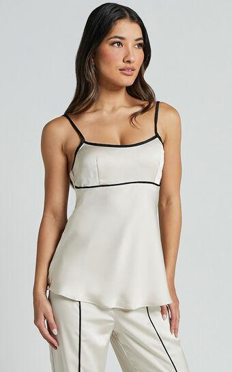 Bobbie Top - Contrast Piping Detail Satin Top in Oyster Product Image
