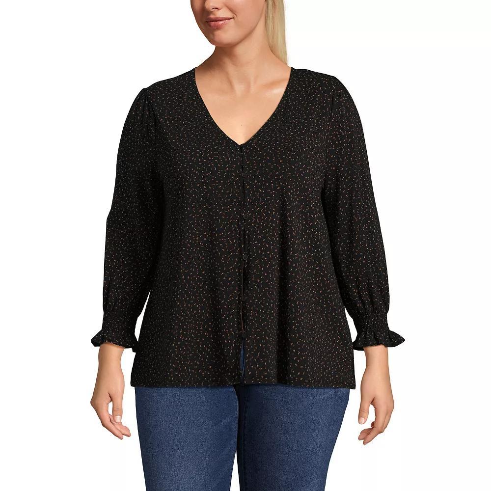 Plus Size Lands' End 3/4 Sleeve Lightweight Jersey Button Front Top, Women's, Size: 1XL, Deep  Blue Bloom Product Image