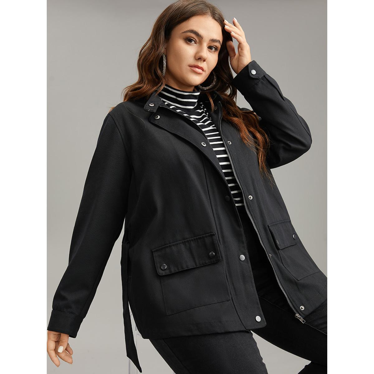 Plus Size Cotton Solid Belted Flap Pocket Coat Women Black Casual Plain Ladies Dailywear Winter Coats BloomChic 26/4X Product Image