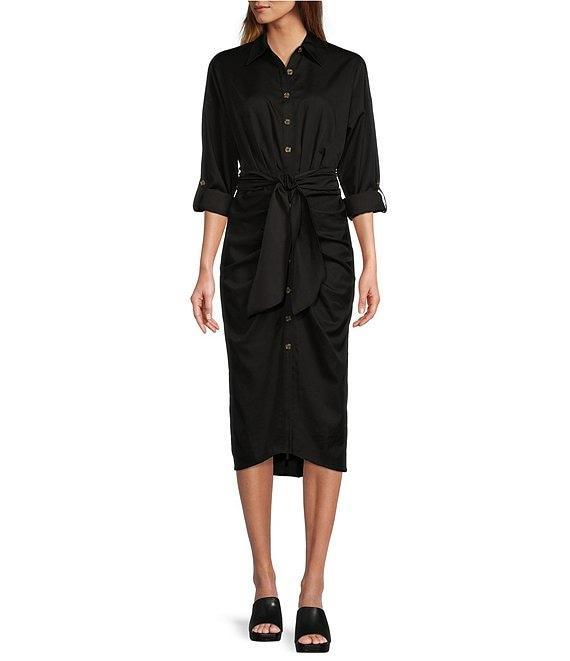 Antonio Melani Roxanne Point Collar Long Sleeve Ruched Tie Waist Button Front Shirt Dress Product Image