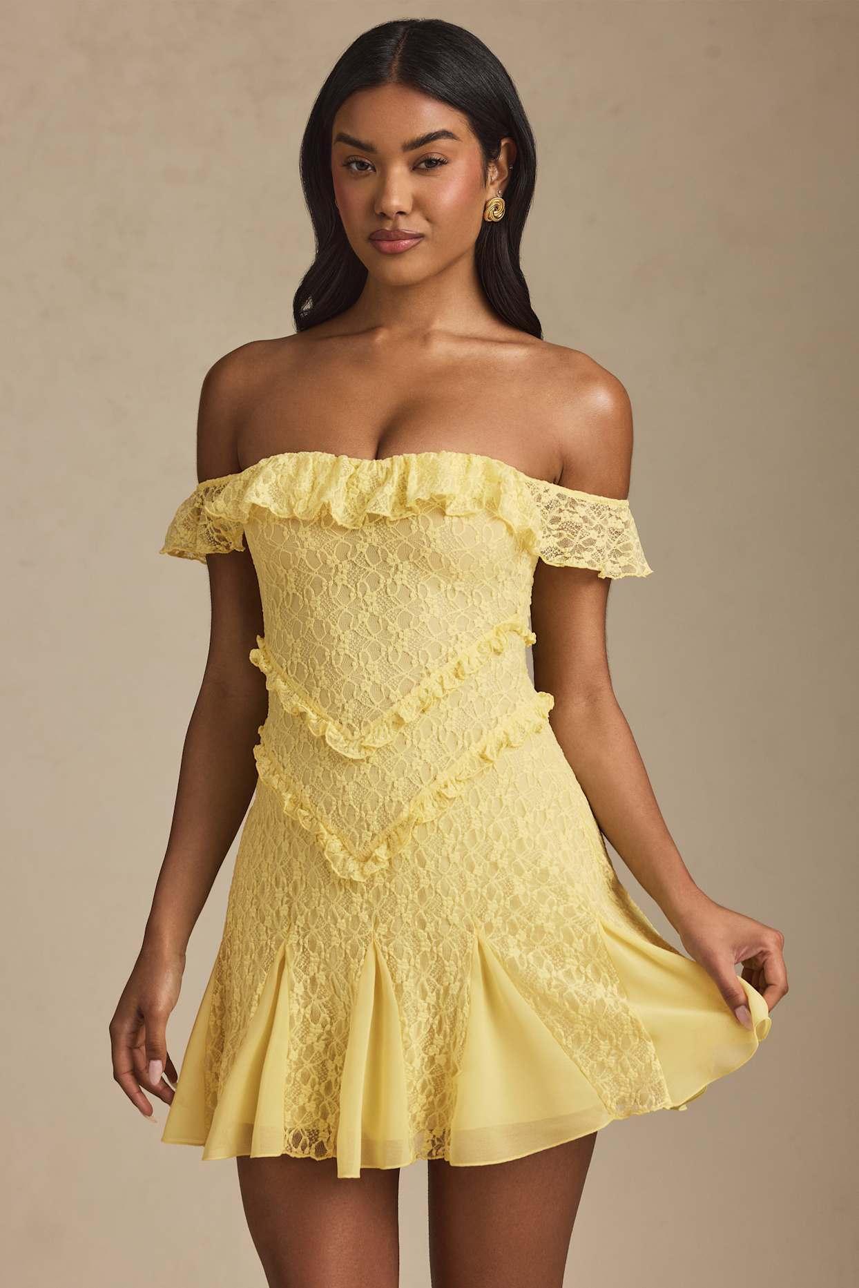 Off-Shoulder Lace A-Line Mini Dress in Pastel Yellow Product Image