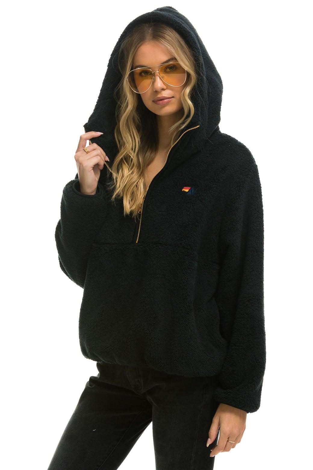 TEDDY UNISEX HOODED HALF ZIP JACKET - BLACK Unisex Product Image